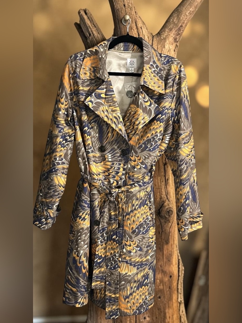 Isaac Mizrahi Live Women's Trench Coat Sz14 Belted Double Breasted Abstract
